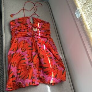 Farm Rip - Copacabana Cut-Out Floral Halter-neck Mini Dress - Size M - Pink/Red